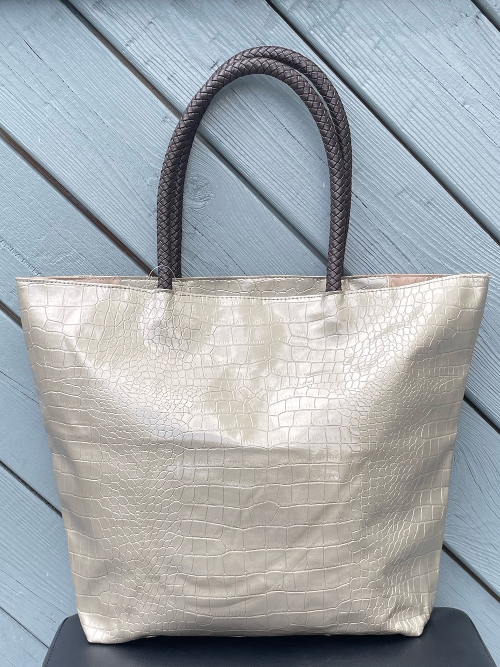 Neiman Marcus Metallic Croc-Embossed Tote with Brown Rope Handles